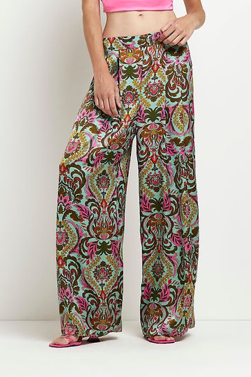 River Island Green Paisley Palazzo Wide Trousers