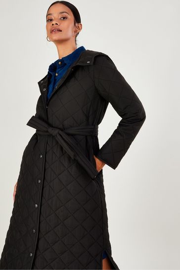 Monsoon Black Quilted Hooded Longline Quinn Coat In Recycled Polyester