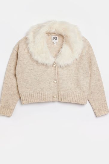 River Island Cream Faux Fur Collar Cardigan