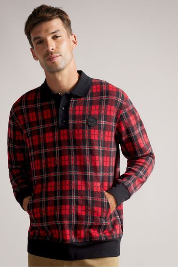 Ted Baker Red Bennev Long Sleeved Check Rugby Shirt