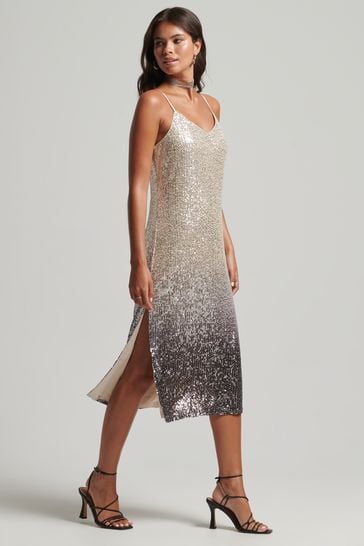 Superdry Silver Ombre Sequin Slip Midi Dress