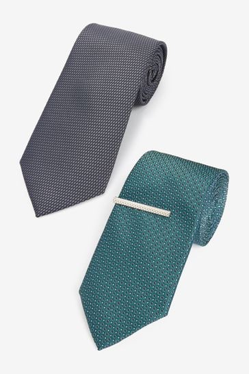 Forest Green/Charcoal Textured Tie With Tie Clip 2 Pack