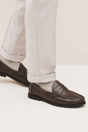 Brown Leather Regular Fit Leather Penny Loafers