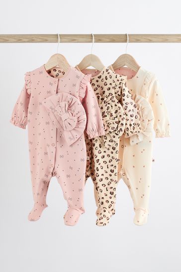 Pink Baby Sleepsuits 3 Pack with Matching Turban (0mths-2yrs)