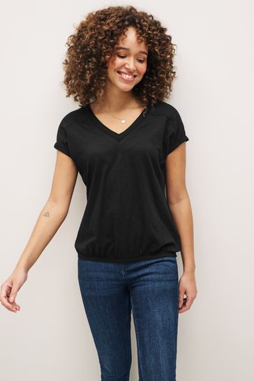 Black V-Neck Cotton Bubble Hem Top