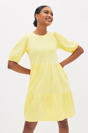 Yellow Cotton Short Puff Sleeve Tiered Mini Dress