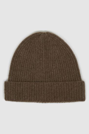 Reiss Taupe Clyde Ribbed Cashmere Beanie Hat
