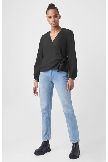 French Connection Black Crepe Light Long Sleeve Wrap Top
