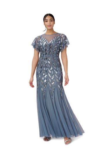 Adrianna Papell Blue Beaded Illusion Long Gown