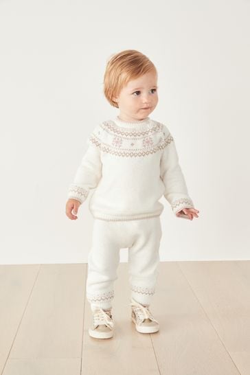 The White Company Christmas Fairisle Neutral Knitted Baby Jumper & Leggings Set