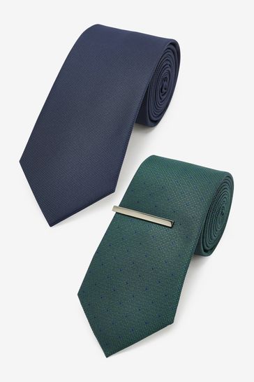 Green/Navy Blue Spot Textured Tie With Tie Clip 2 Pack