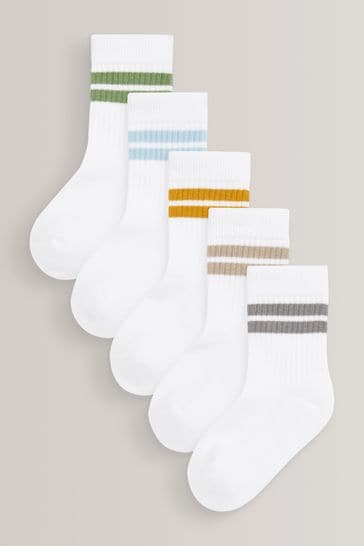 White/Neutrals Cushioned Footbed Cotton Rich Ribbed Socks 5 Pack