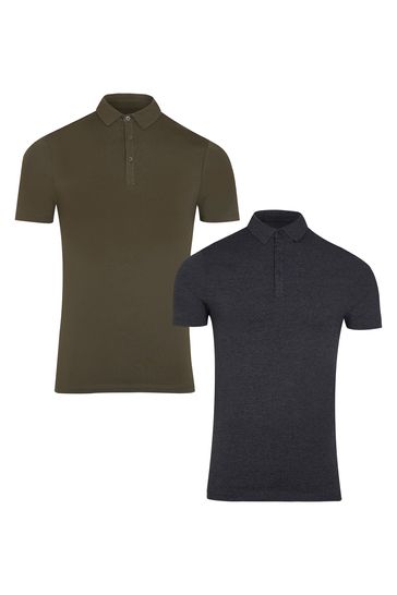 River Island Charcoal & Dark Khaki Essential Polo Shirts 2 Pack