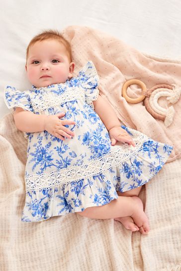 Laura Ashley Blue White Newborn Frill Sleeve Dress