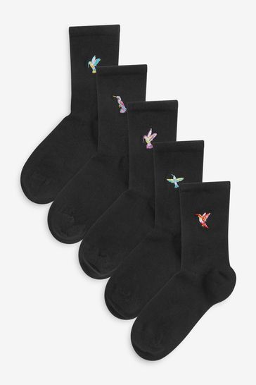 Hummingbird Embroidered Motif Ankle Socks 5 Pack