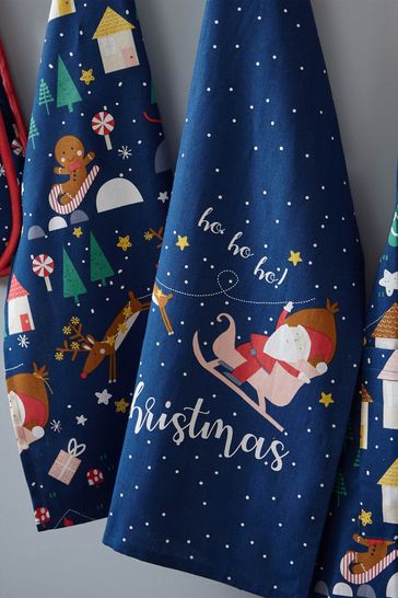 Catherine Lansfield Set of 4 Blue Santa's Christmas Wonderland Cotton Tea Towels