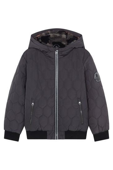 F F Grey Quilted Hooded Bomber Jacket