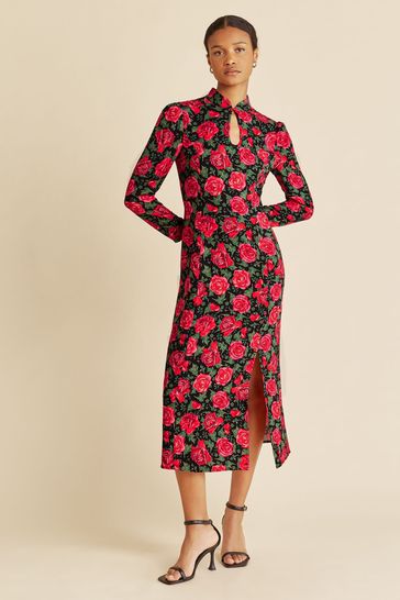 Albaray Red Mandarin Collar Rose Print Dress