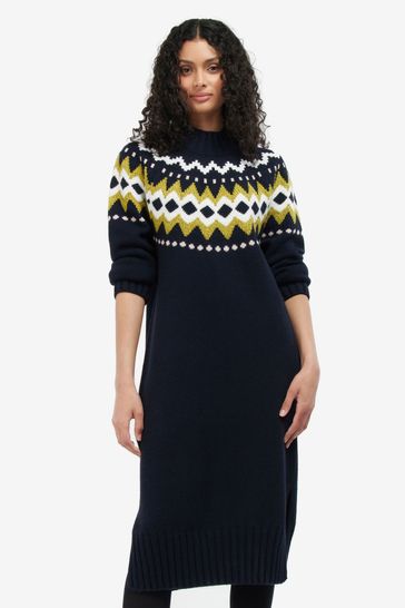 Barbour® Navy Blue Coastal Lana Knitted Fairisle Pattern Dress