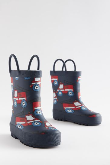Navy Blue/Red Fire Engine Handle Wellies