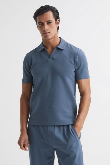 Reiss Airforce Blue Thom Short Sleeve Open Collar Polo Shirt