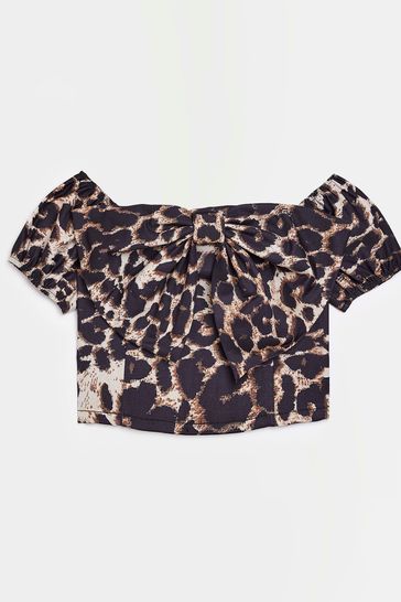 River Island Black OG Leopard Bow Bardot Crop T-Shirt