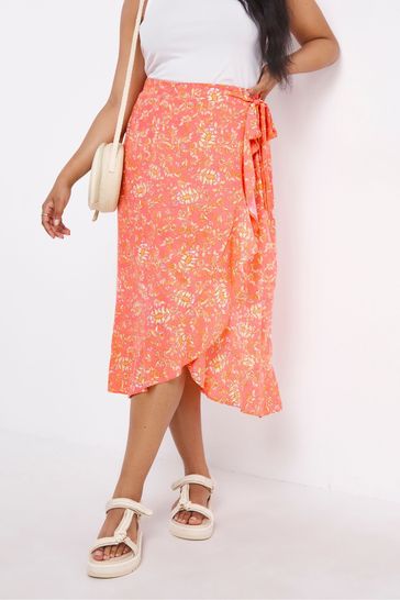 Simply Be Orange Floral Print Wrap Frill Midi Skirt
