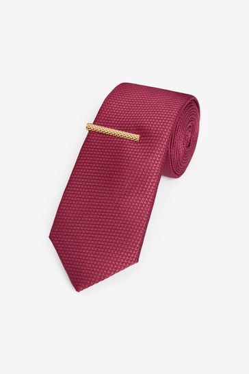 Red Slim Textured Tie And Clip