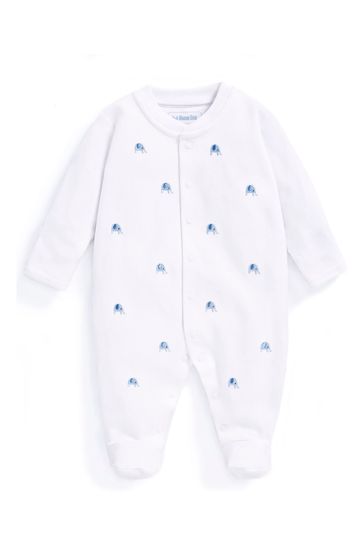 JoJo Maman Bébé Blue Elephant Embroidered Cotton Baby Sleepsuit