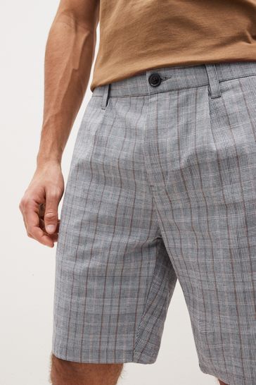 Grey Check Straight Pleat Chino Shorts