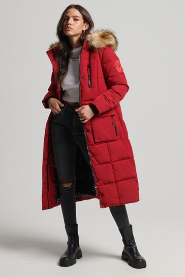 Superdry Red Longline Faux Fur Everest Coat