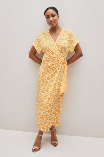Orange Geo V-Neck Wrap Short Sleeve Trim Midi Dress
