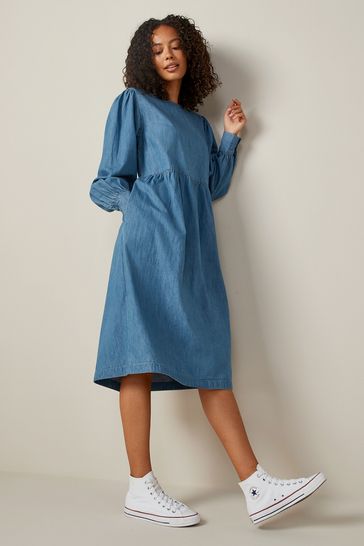 Blue Long Sleeve Smock Denim Midi Dress