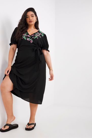 Simply Be Black Embroidered Midi Dress