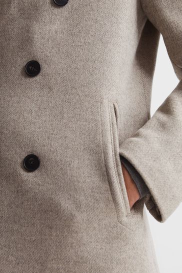 Reiss Oatmeal Bergamo Wool Blend Herringbone Peacoat