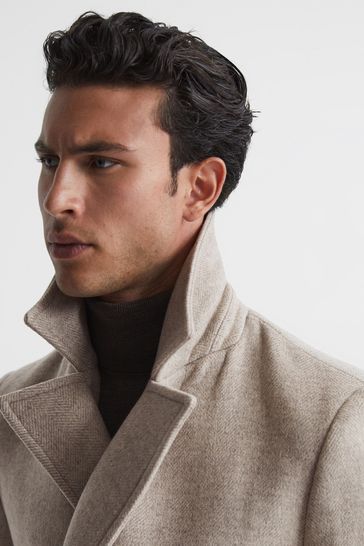 Buy Reiss Oatmeal Bergamo Wool Blend Herringbone Peacoat from Next