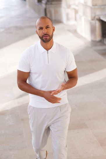 White Knitted Zip Polo Shirt