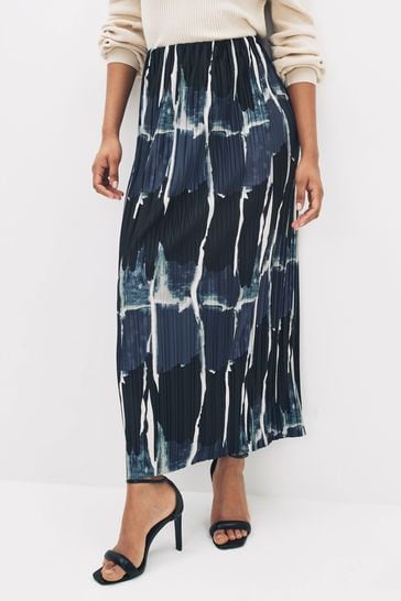 Blue/Black Abstract Plisse Midi Slip Skirt