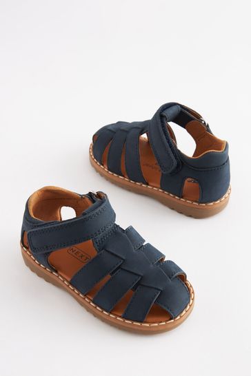 Navy Blue Leather Touch Fastening Closed Toe Sandals