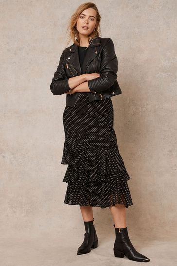 Mint Velvet Sadie Spot Ruffled Black Midi Skirt