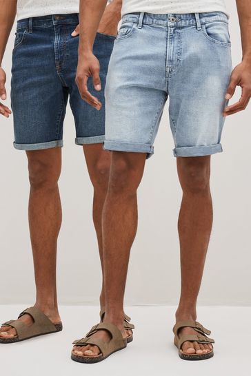 Buy Mid Blue Bleach 2 Pack Straight Stretch Denim Shorts from Next Luxembourg
