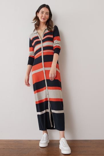 Multi Striped Button Through Knitted Midi Dress