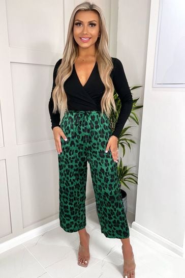 AX Paris Green Animal Print Long Sleeve 2 In 1 Jumpsuit