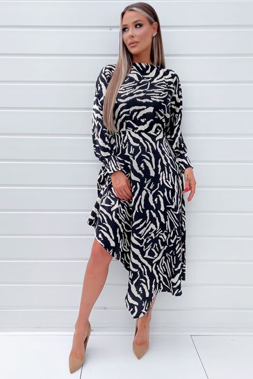Buy AX Paris Black Animal Print High Low Skirt Midi Dress from