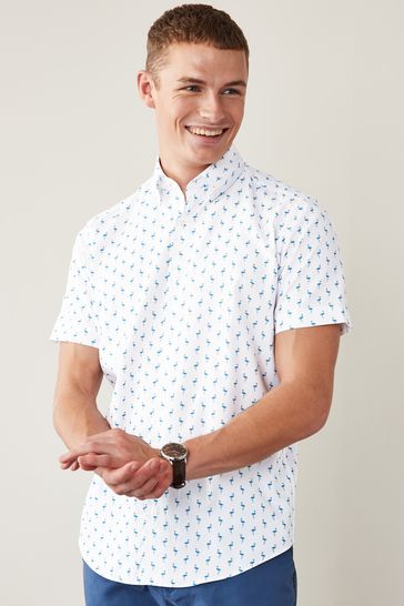Blue Flamingo Print Regular Fit Short Sleeve Easy Iron Button Down Oxford Shirt