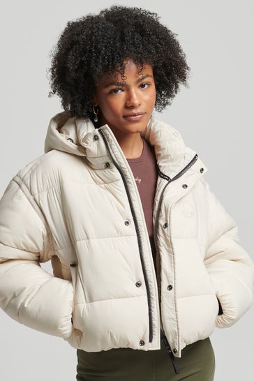 Superdry Cream Cropped Cocoon Puffer Jacket