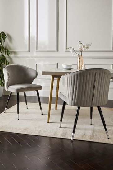Set of 2 Soft Velvet Mid Grey Piano Arm Dining Chairs