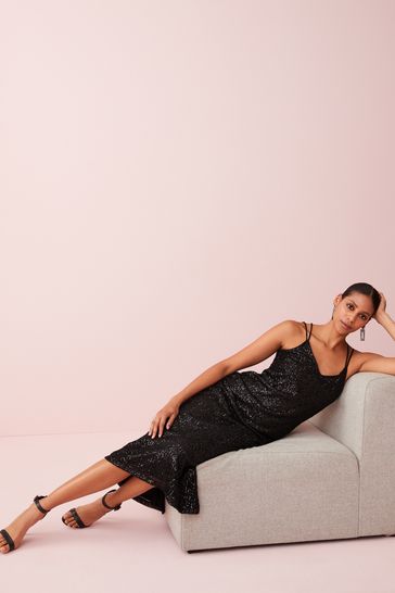 Buy Black Sequin Strappy Cami Midi Party Dress from Next Luxembourg
