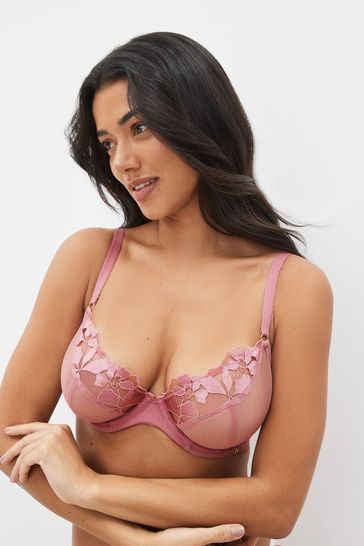 Pink DD+ Non Pad Plunge Floral Embroidered Bra