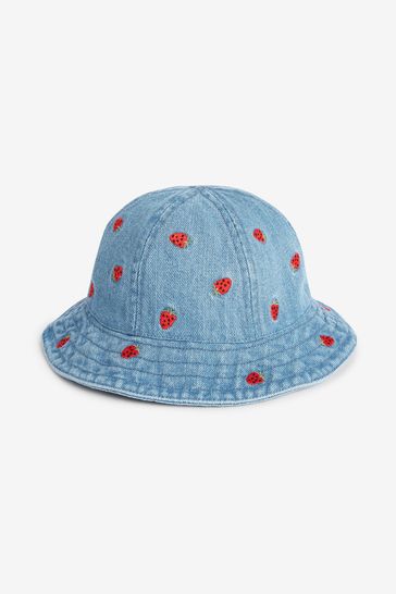 Denim Strawberry Embroidered Bucket Hat (3mths-13yrs)